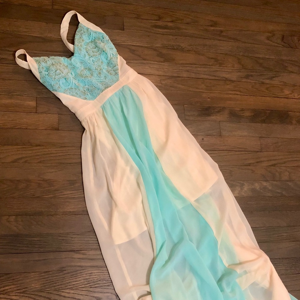 Formal Dress/ Maxi Dress Cream, Blue, and Gold.